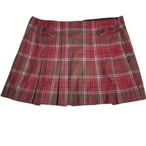 GAP‎ Plaid Pleated Mini Skirt Women Size 6 Red Green Wool Blend Button